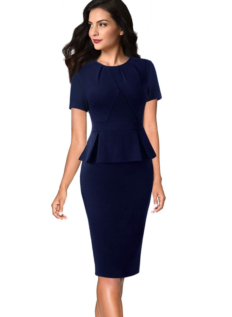 VFSHOW Womens Dark Blue Pleated Crew Neck Peplum Work Business Office Church Bodycon Pencil Sheath Dress 3593 BLU M - Image 2
